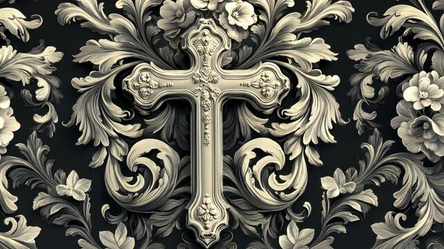 Intricate ornate design with baroque cross in detailed floral pattern animation