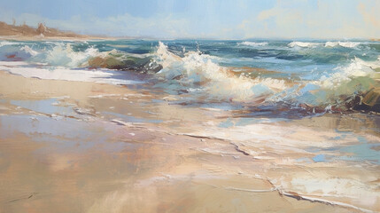 impressionism oil painting with thick impasto brush strokes of waves on a sandy beautiful beach with puffy clouds. using muted browns, blues, and white. 
