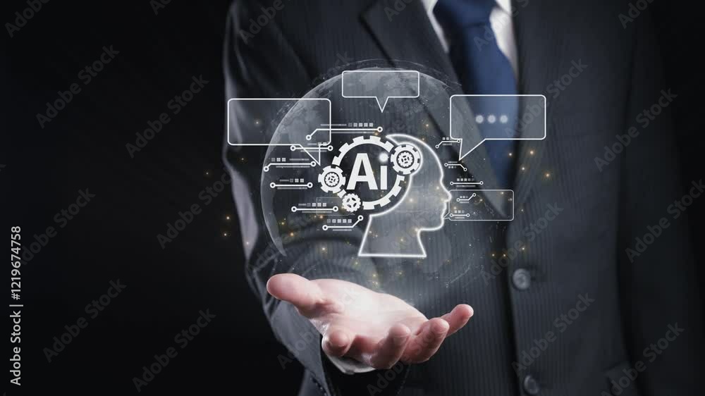 Poster human interact with ai artificial intelligence brain processor in concept of ai artificial intellige