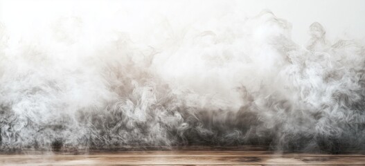 Naklejka premium Dense white smoke rising above wooden surface creating mystical atmosphere