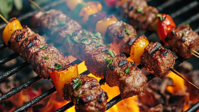 Grilled skewered kebabs sizzling over flames with colorful veggie mix