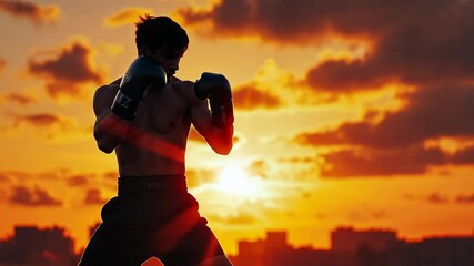 Boxer silhouetted against vibrant sunset in dynamic training sequence