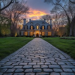 An elegant mansion with a cobblestone path illuminated at sunset, lined by trees, showcasing classic architecture and serene beauty in a picturesque setting.