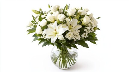 White lilies and roses bouquet in glass vase, sympathy flowers, white background, funeral arrangement