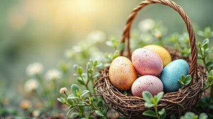 Obraz premium Pastel Easter Eggs in a Woven Basket with Green Foliage, Celebrating Springtime Joy