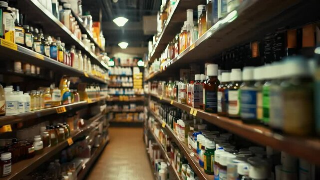 A well-stocked pharmacy aisle lined with shelves full of medicine bottles and supplements in an organized manner