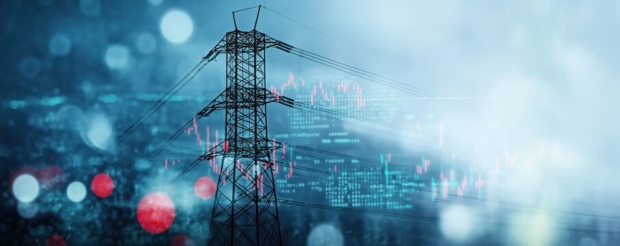Night view of city lights, power pylons. Stock market data overlayed on image. Power industry, business concept. Financial market, energy sector. City landscape, industrial activity. Dynamic image of