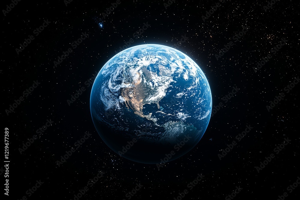 Wall mural in the void of deep space, earth stands out, surrounded by a blue nebula and a radiant sun. the sett