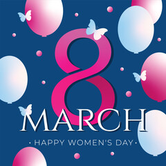 Modern illustration of the number 8 on a blue background, decorated with pink and blue balloons and butterflies. Bright and stylish design is perfect for greetings, cards and banners