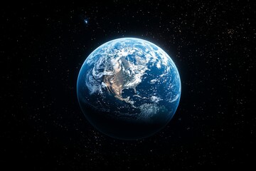 Fototapeta premium In the void of deep space, Earth stands out, surrounded by a blue nebula and a radiant sun. The setting is a dark outer space backdrop, offering a view of Earth. The image includes elements courtesy