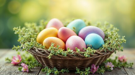 Naklejka premium Pastel Easter Eggs in a Woven Basket with Green Foliage, Celebrating Springtime Joy