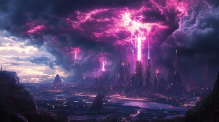 Futuristic city under vibrant sky