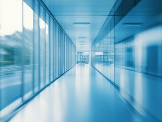A modern, blurred office corridor with glass walls, clean floors, and bright lighting, creating a spacious atmosphere.