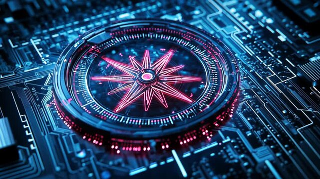 Vibrant digital compass design over a futuristic circuit board background with glowing elements and intricate details captured in a close-up view