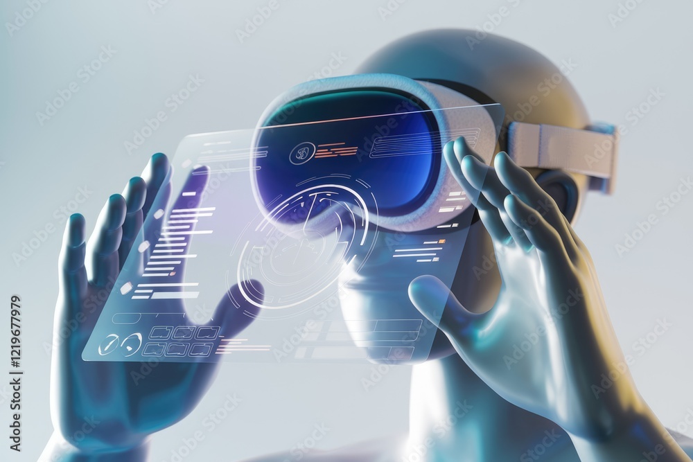 Poster a futuristic humanoid interacts with a transparent holographic interface through a vr headset, showc