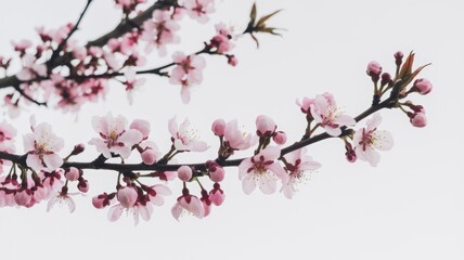 Delicate pink cherry blossoms blooming on a branch against a bright sky.