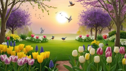 Fototapeta premium spring landscape with flowers and grass Serene Nowruz Morning with Spring Blooming, Tulips, Hyacinths, and Fresh Beginnings