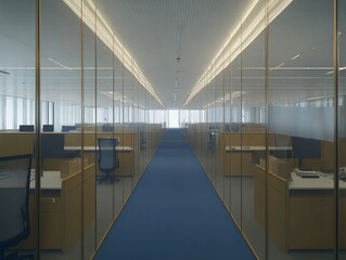 A sleek office corridor featuring modern desks, glass partitions, and a clean, professional workspace with blue chairs.
