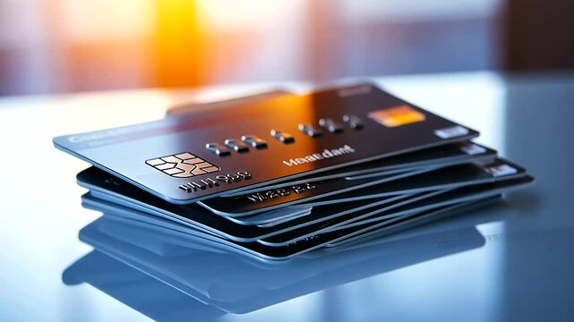 A stack of credit cards in metallic finishes rests beside a glowing POS terminal on a spotless white countertop, ready for contactless payment.