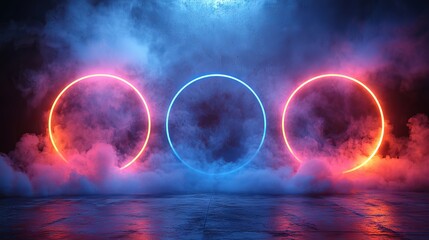 Obraz premium A 3D render showcasing a vibrant neon ring emanating light within a storm-swirled cloud against a night sky with an abstract backdrop
