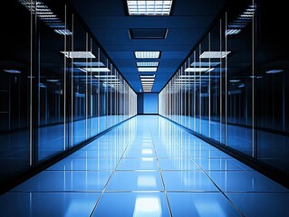 Futuristic hallway with blue lighting and glossy tiles, creating a sleek, high-tech environment in a server room or data center.