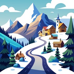 Obraz premium A mountain road with a small village in the distance