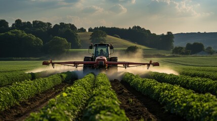 Fototapeta premium Tractor Spraying Crops In Green Fields Under Blue Sky