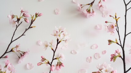 Delicate pink cherry blossoms and scattered petals on a white background, showcasing spring's beauty.