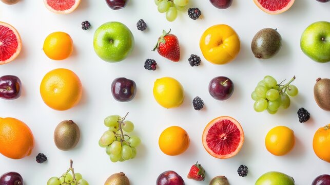 Top view of different summer fruits on white background, abundance, apples, berries, oranges