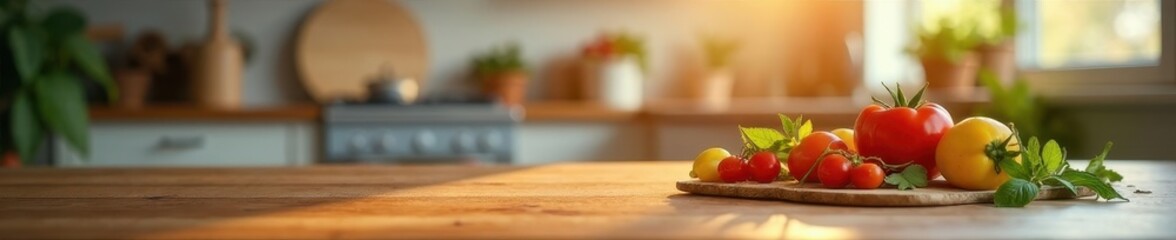 Bright tabletop, out-of-focus kitchen setting, defocused, backdrop
