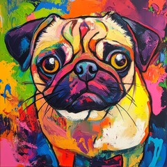 An abstract painting illustrating a pug with vivid colors and expressive brush strokes on a rich multicolor background, reflecting a lively and dynamic essence.