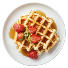 A plate of fluffy Belgian waffles with maple syrup and strawberries, isolated white background, minimalist art style
