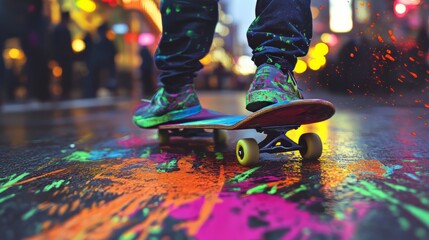 Skateboarding on vibrant city street