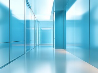 Obraz premium futuristic glass corridor with sleek blue reflective surfaces and bright linear lighting creating a modern and high-tech ambiance