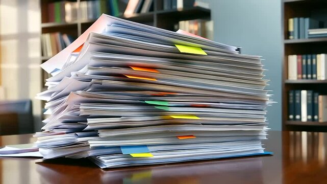 A stack of paper documents featuring colorful charts and graphs lies neatly on a polished wooden desk with a blurred office setup in the background.