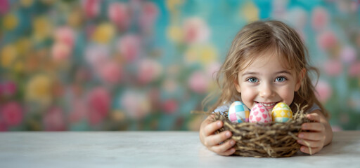 Enfant tenant des &oelig;ufs de P&acirc;ques dans le jardin, espace vide pour texte ou placement de produit