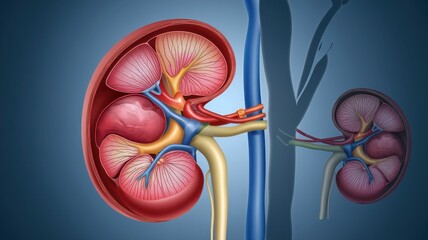 Human Kidney Anatomy: Detailed Cross-Section Illustration Revealing Internal Structures, Vessels, and Renal Pelvis.