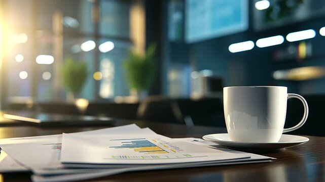 A professional office desk with a stack of paper reports and graphs, a coffee cup to the side, and a blurred office meeting area behind.