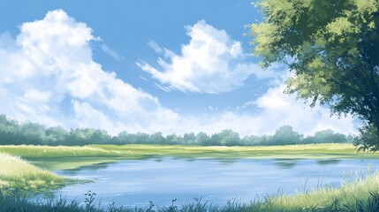 Tranquil Lakeside Summer Day: A Serene Landscape Painting