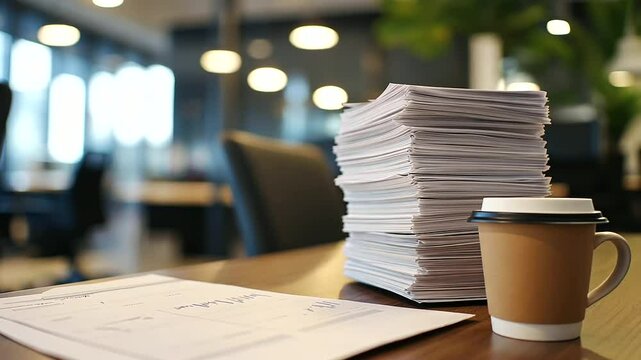 A professional office desk with a stack of paper reports and graphs, a coffee cup to the side, and a blurred office meeting area behind.