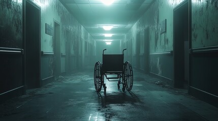 Obraz premium Abandoned hospital corridor with wheelchair in the middle, flickering lights and eerie shadows 