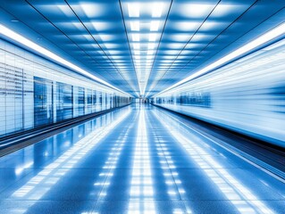 futuristic airport terminal with sleek glass walls, bright blue lighting, and a reflective floor creating a modern and high-tech ambiance