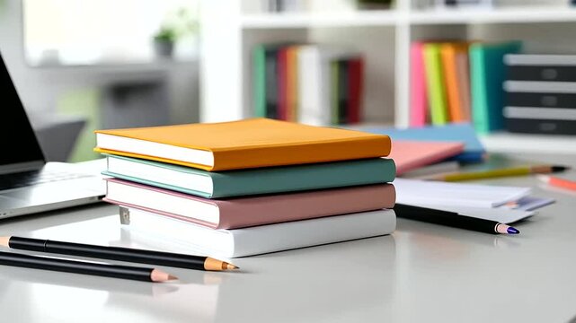 Vibrant notebooks in various hues stacked on a modern white desk, with pens scattered beside an open laptop and a bright workspace background.