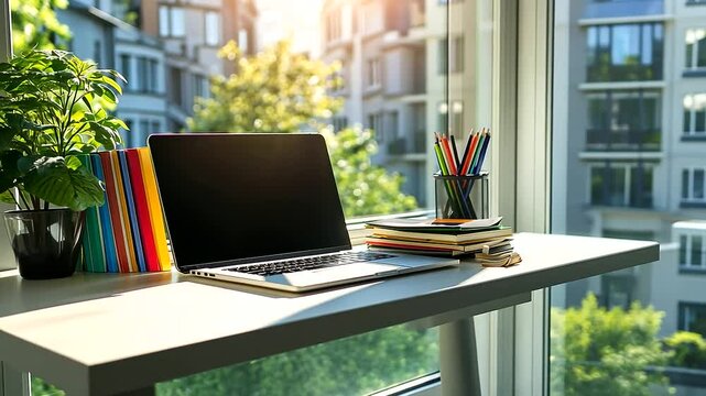 Close-up of colorful notebooks stacked on a white desk, surrounded by neatly placed pens and a sleek laptop ready for productivity.