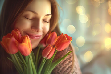 Fototapeta premium A woman with closed eyes smiles while holding a bouquet of orange tulips close to her face. The background features soft bokeh lights, creating a warm and dreamy atmosphere.