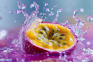 Splash of freshness captured in a moment with vibrant passion fruit thrown into water creating a colorful explosion