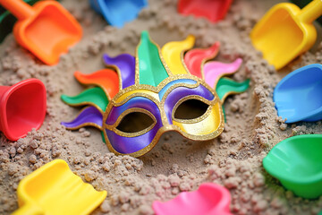 Colorful kids' Mardi Gras mask featured in sandy playground surrounded by bright toy spades and buckets, playful celebration concept.