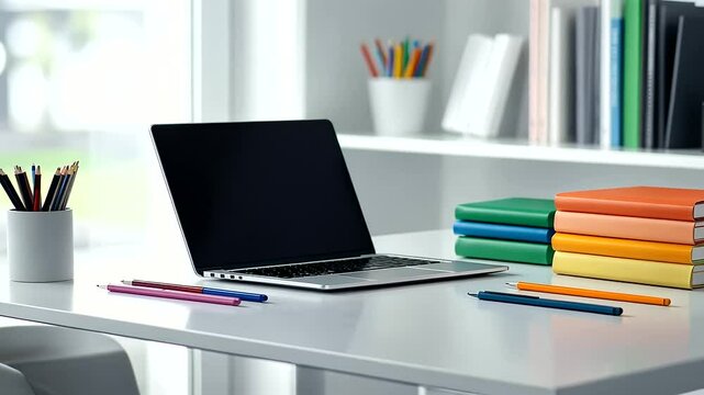 A clean white workspace showcasing colorful notebooks stacked with precision, pens neatly arranged, and a laptop ready for work.