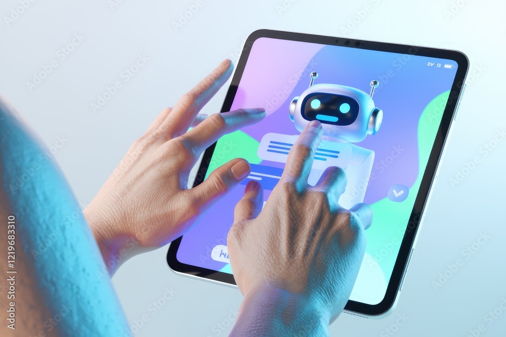Poster Human hands interact with a chatbot on a tablet, utilizing AI for communication and task automation.