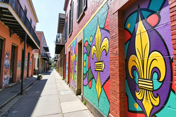 Naklejka premium Colorful mural featuring fleur-de-lis in an urban New Orleans alley, vibrant street art and graffiti, Mardi Gras celebration concept.